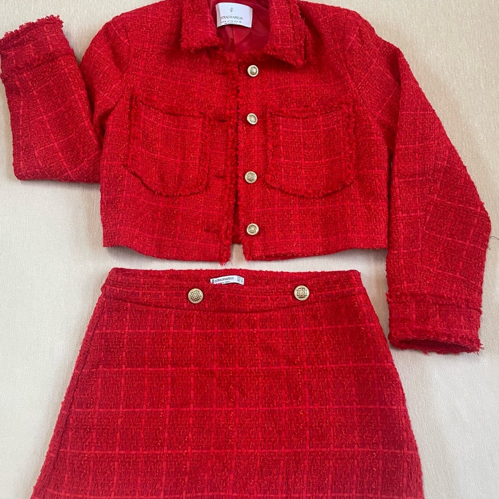 Red Stradivarius cropped Jacket and short.